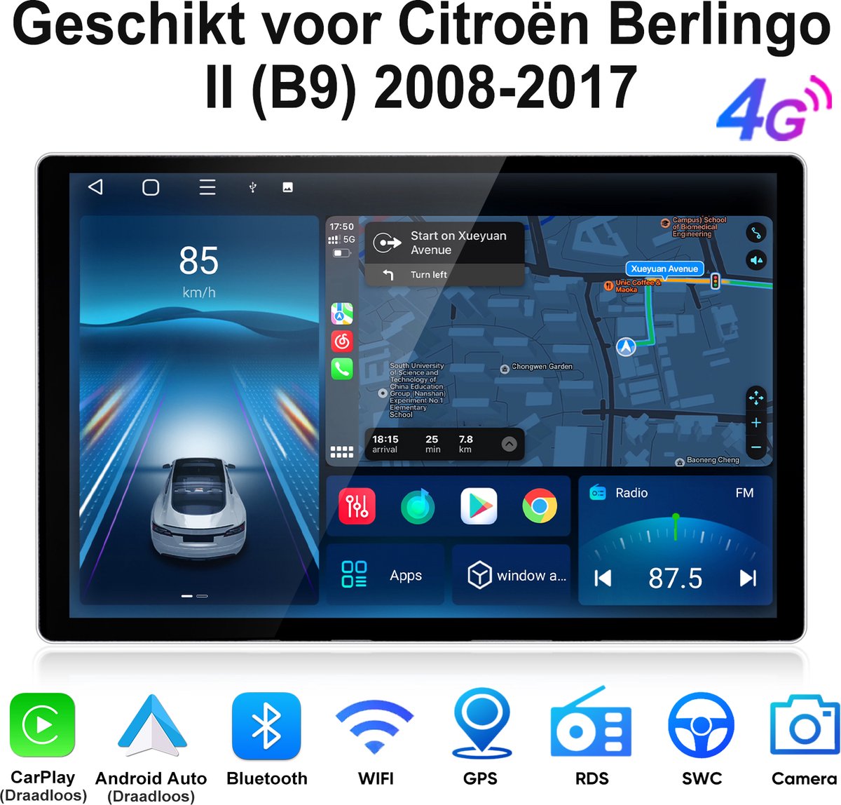 Junsun Android 15 Autoradio Geschikt voor Citroën Berlingo II (B9) 2008-2017 Accessoires, 4GB+64GB, Draadloze CarPlay & Andriod Auto, DAB+, GPS-navigatiesysteem, Bluetooth, Stuurwielbediening, WiFi, 13,1-inch 2K Touchscreen, DSP, Octa-core processor