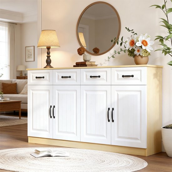 Dressoir - 160 cm - 4 Lades en 4 Deuren met Ribbeldesign - Hout - Wit/Naturel