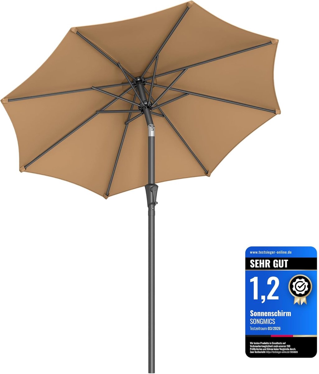 SONGMICS GPU202K01 Tuinparaplu 210 cm, zonbescherming UPF 50+, parasol, 30° kanteling, met crank, voor patio, balkon, zwembad, zonder basis, taupe