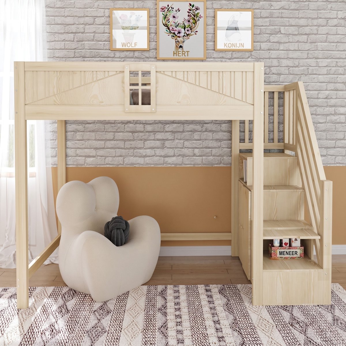 VVBV Hoogslaper 90x200 – Ladder – Massief Hout – Natuurlijk Hout – Multifunctioneel – Opbergruimte – Veiligheidshek – Kinder Hoogslaper Natural Wood