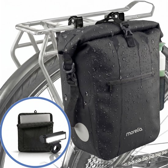 Morelia® Fietstas Rolltop - Incl Laptoptas & Voorlamp 900 Lumen - Fietstassen - Fietstassen Electrische Fietsen - Fietstas Enkel - 28 Liter - 100% Waterdicht - Tarpaulin materiaal - Zwart
