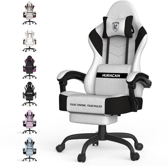 Gamen stoel in wit met zwarte accenten, met voetsteun en 'HURACAN' logo. Meerdere kleuren leverbaar.
