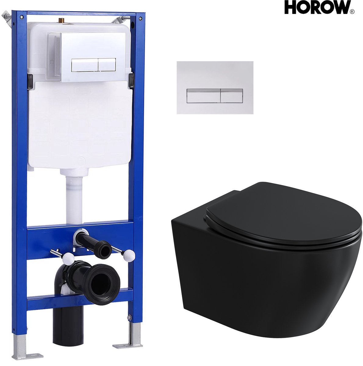 HOROW Hangtoiletset - Zwart Hangtoilet met Softclose Zitting incl. UF-Deksel - incl. inbouwreservoir