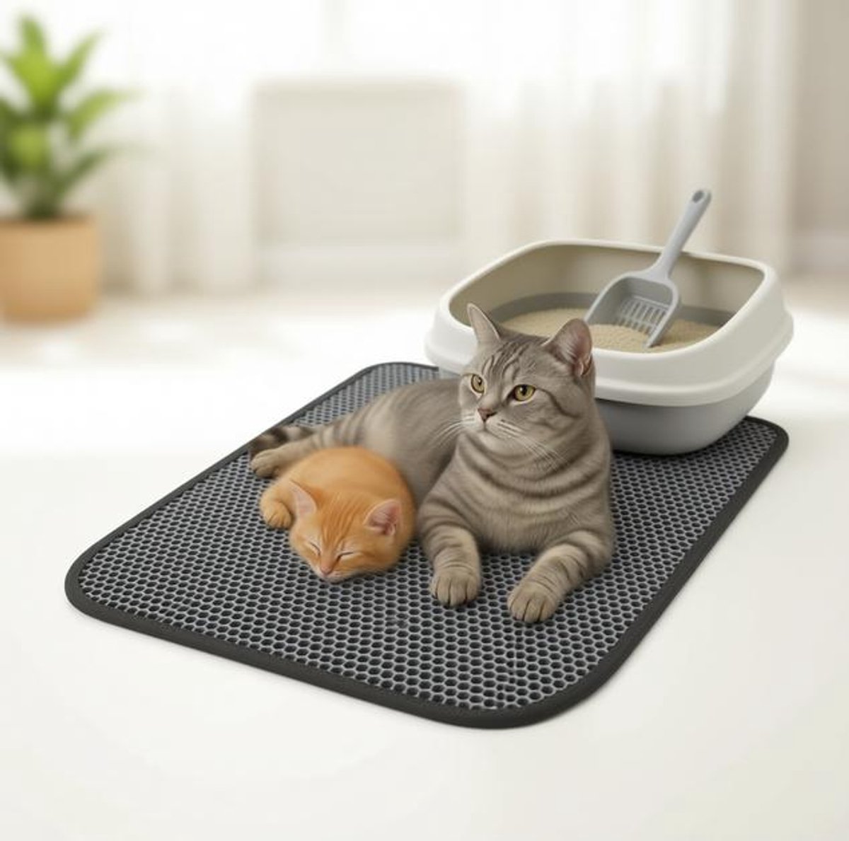 ElleMooi Kattenbakmat 60 x 120 cm - Honingraatontwerp 2 lagen, waterdicht, groot formaat, grijs