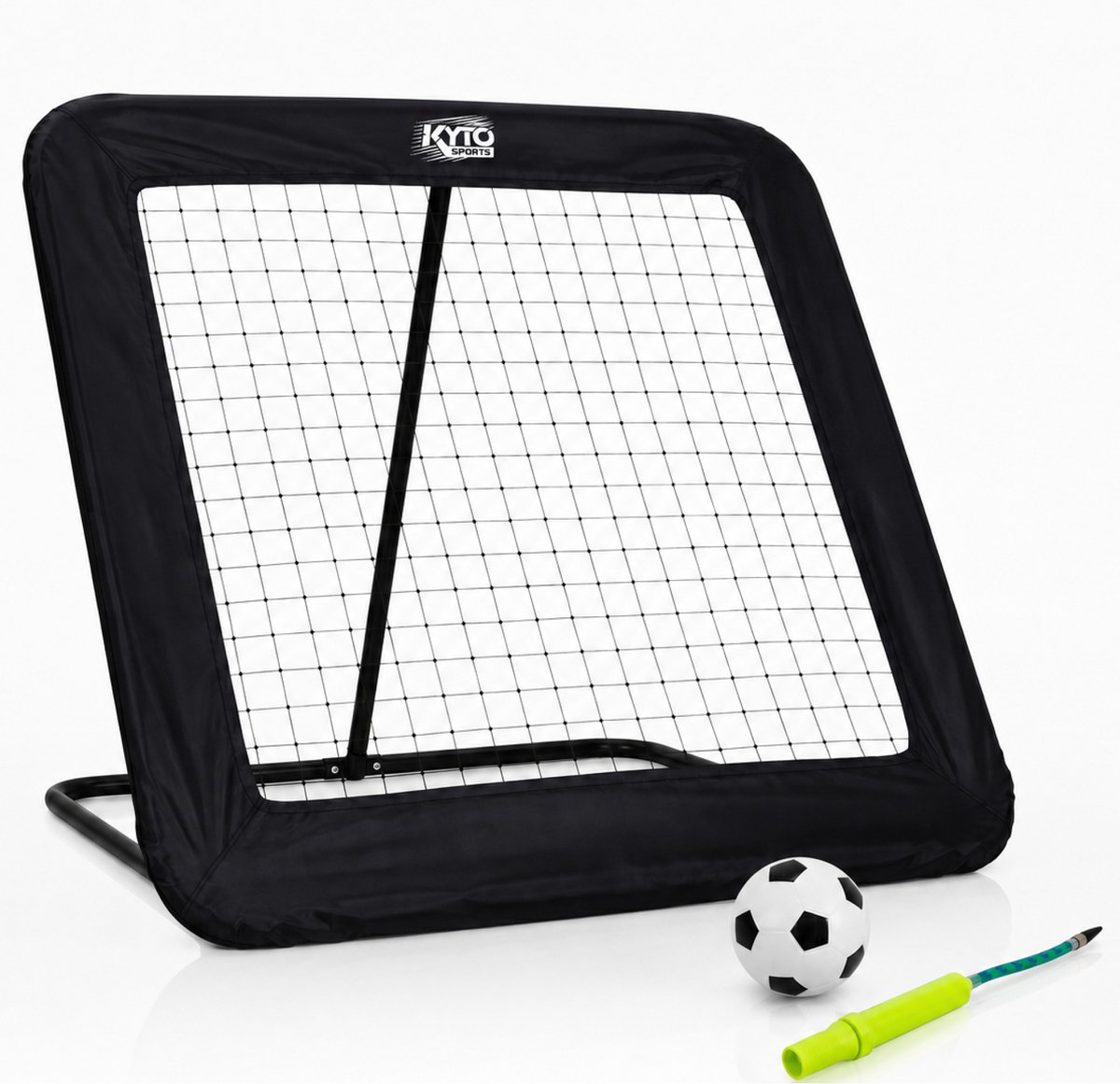 Kyto Sports Voetbal Rebounder 100x100 cm Verstelbaar met Bal (15cm) en pomp met 2 verschillende opzetstukken, Tchouk, Kickback