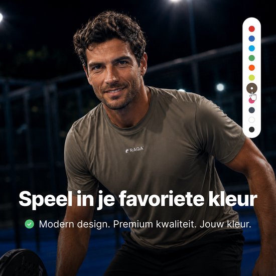 Atleet in een kaki RAQA sportshirt, met een kleurkeuzemenu aan de zijkant.