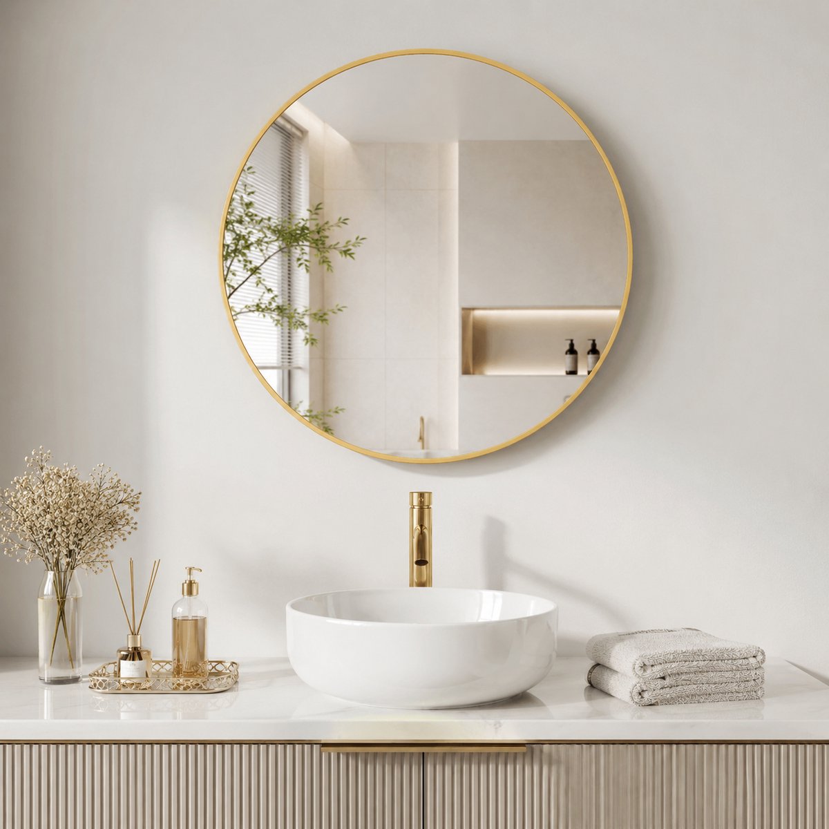 Ronde Gouden Wandspiegel 50 cm – HD Spiegelglas met Aluminium Frame, Veiligheidsglas met Anti-Splinterfolie en Eenvoudige Wandmontage