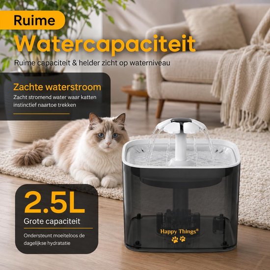 Happy Things - Drinkfontein Hond en Kat - Geruisloos - 2.5 L - Transparant Zwart met Goud - incl 4 Filters