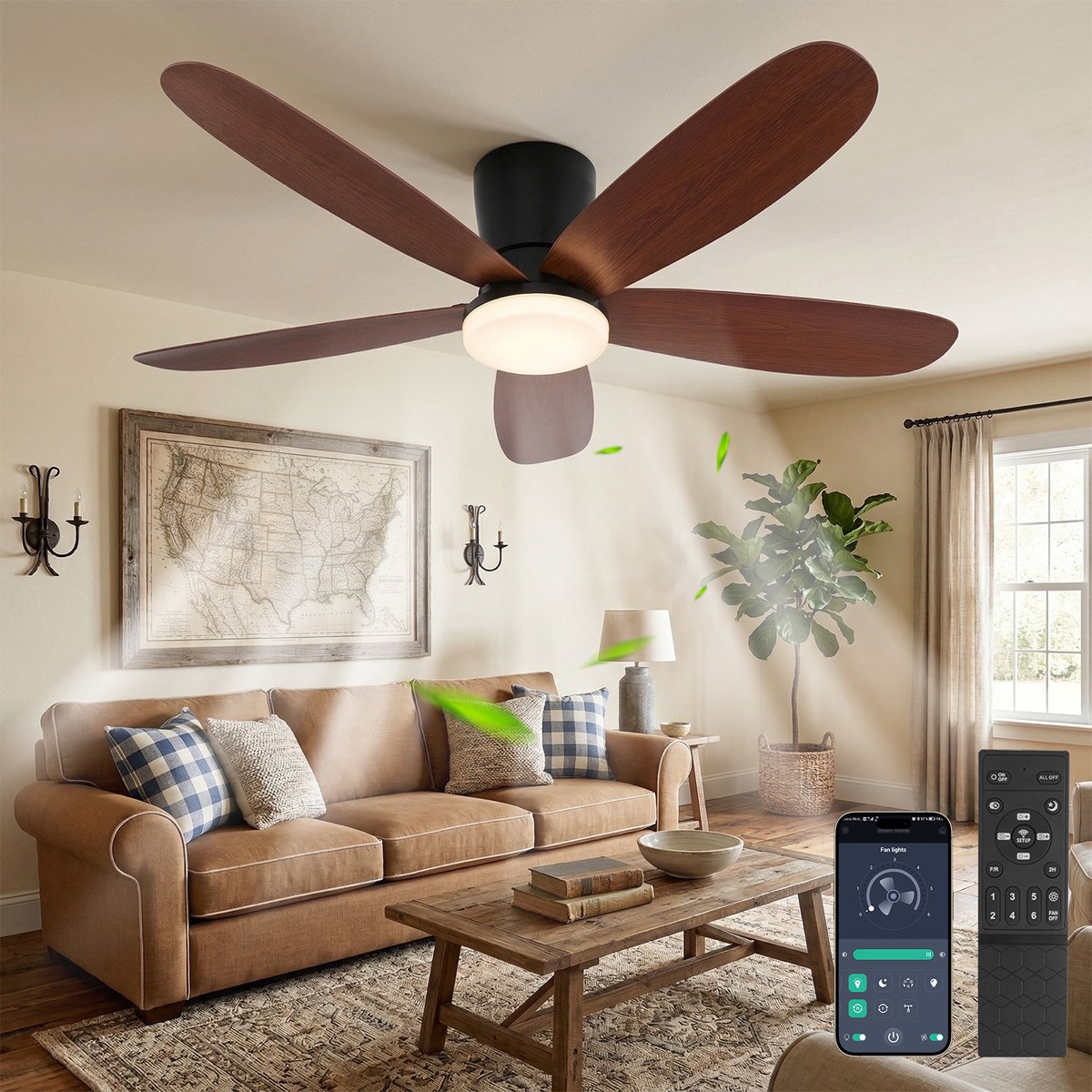 MUPOO Houtlook plafondventilator met verlichting 106 cm- Afstandsbediening & App Bediening - Stille & Dimbare LED - Zomer en Winterstand-6 Snelheden & Geheugen-ventilator lamp plafond Voor Slaapkamer en Woonkamer