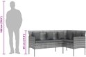 Grijs L-vormig poly rotan loungeset met grijze kussens, naast een figuur van 180 cm.