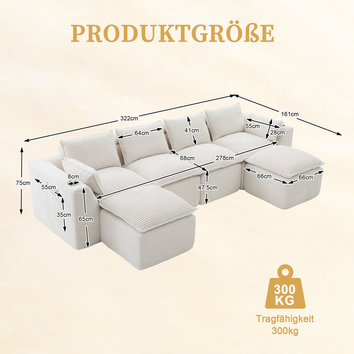 OKWISH Hoekbank 322 x 161 cm - Modulair 4-Zits Met 2 Hockers En Zijvakken - Voor Woonkamer En Kantoor - Ribstof - Beige