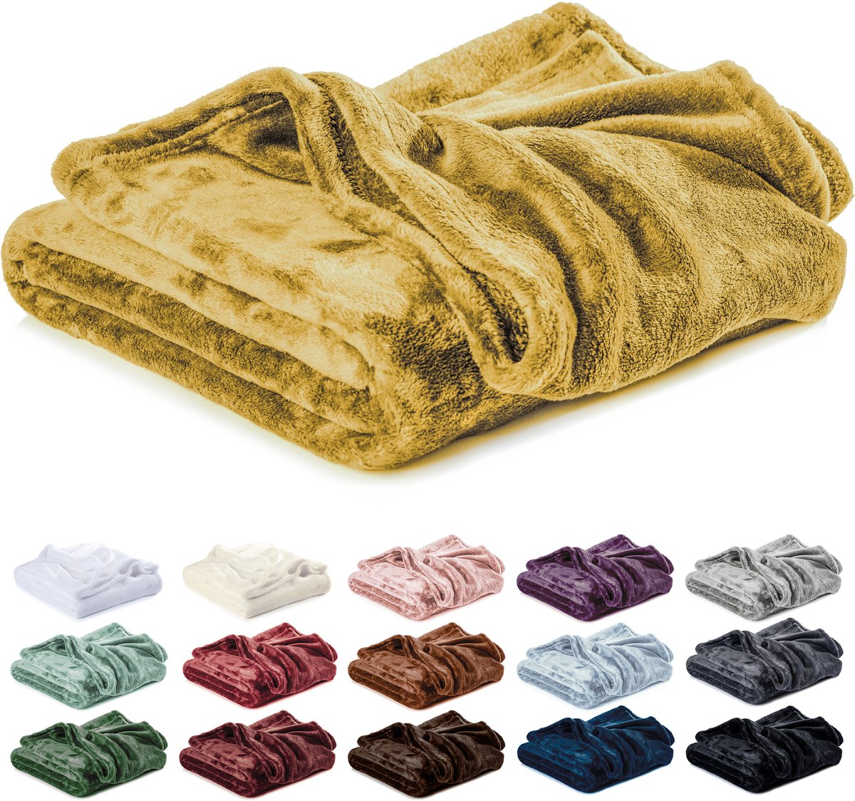 Lavea® Fleece Deken 220x240 cm – 2-persoons, Zacht – Warme Woondeken van Pluizige Microvezel voor Bank en Bed, Ademend en Wasbaar – Geel