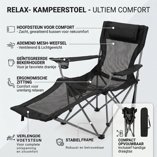 Yar Campingstoel Inklapbaar met Voetensteun - Relaxstoel met Hoofdkussen, Bekerhouder, Zijvak & Opbergtas - Visstoel / Strandstoel - Zwar van YAR — afbeelding 3