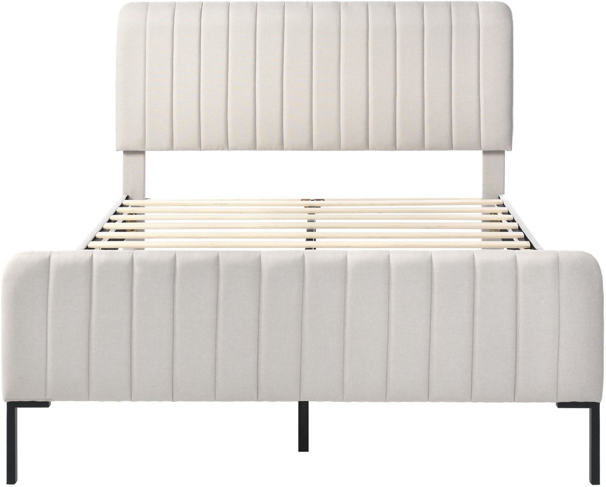 Grijsbeige linnen houten tweepersoonsbed met matras voor slaapkamer en gastenkamer 209×165×107CM