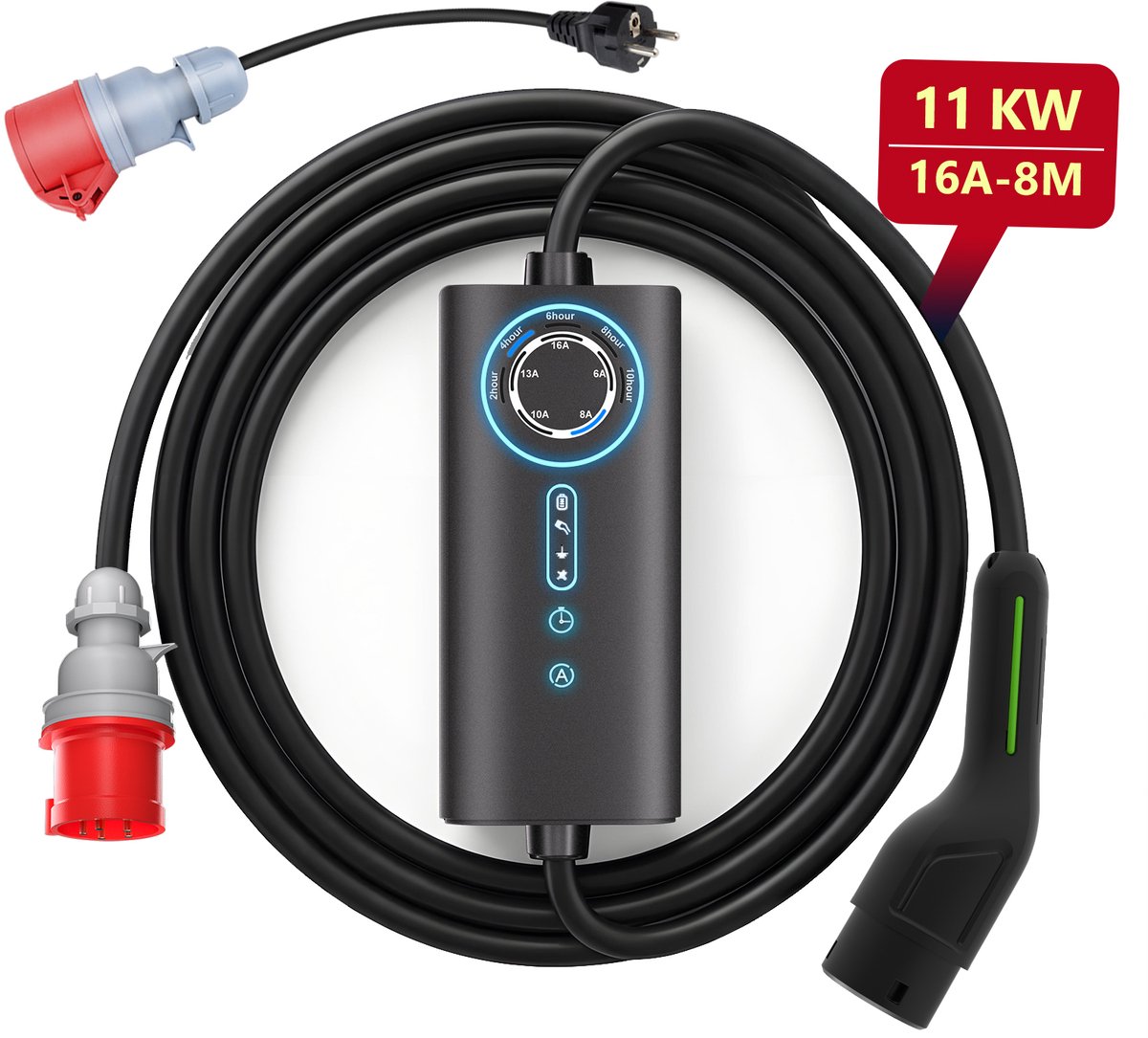 Hexinex - Mobiele Thuislader 11kW - CEE naar Type 2 stekker EV oplader - 8 meter Laadkabel - 6A/8A/10A/13A/16A Huidige instelling - 3 fase - Schuko-adapter