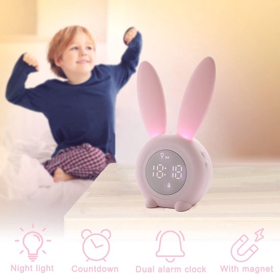 LED-nachtlampje - Nachtlampje met wekker - Cartoonkonijn - Kinderwekker met nachtlampje - 6 beltonen, schattige roze konijnenwekker voor kinderen - Aanraakbediening en oplaadbare slaaptrainer voor de slaapkamer van jongens en meisjes van Roze — afbeelding 3