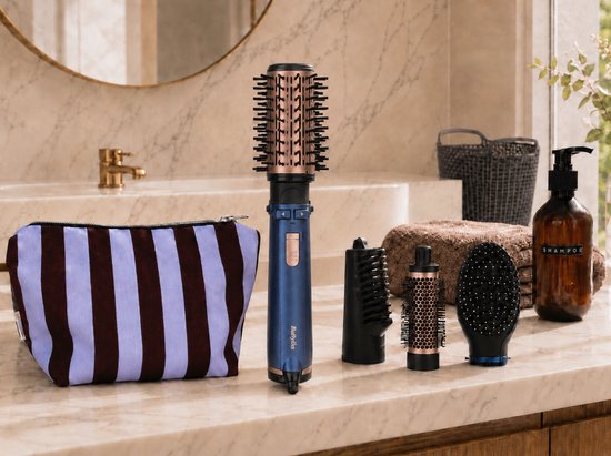 Cadeaupakket met Babyliss Style Pro 1000 AS965E Föhnborstel - Multistyler met 4 opzetstukken + handdoek + toilettas bruin-blauw gestreept + CURVER paars wasmandje + shampooflesje amber