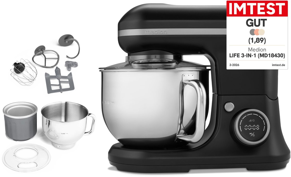 MEDION 3-in-1 keukenmachine met mixer - Zwart | Roestvrijstalen kom, 1200 W, raspen, schaven, snijden, digitaal touchdisplay, kneedmachine, deegmachine, MD18430