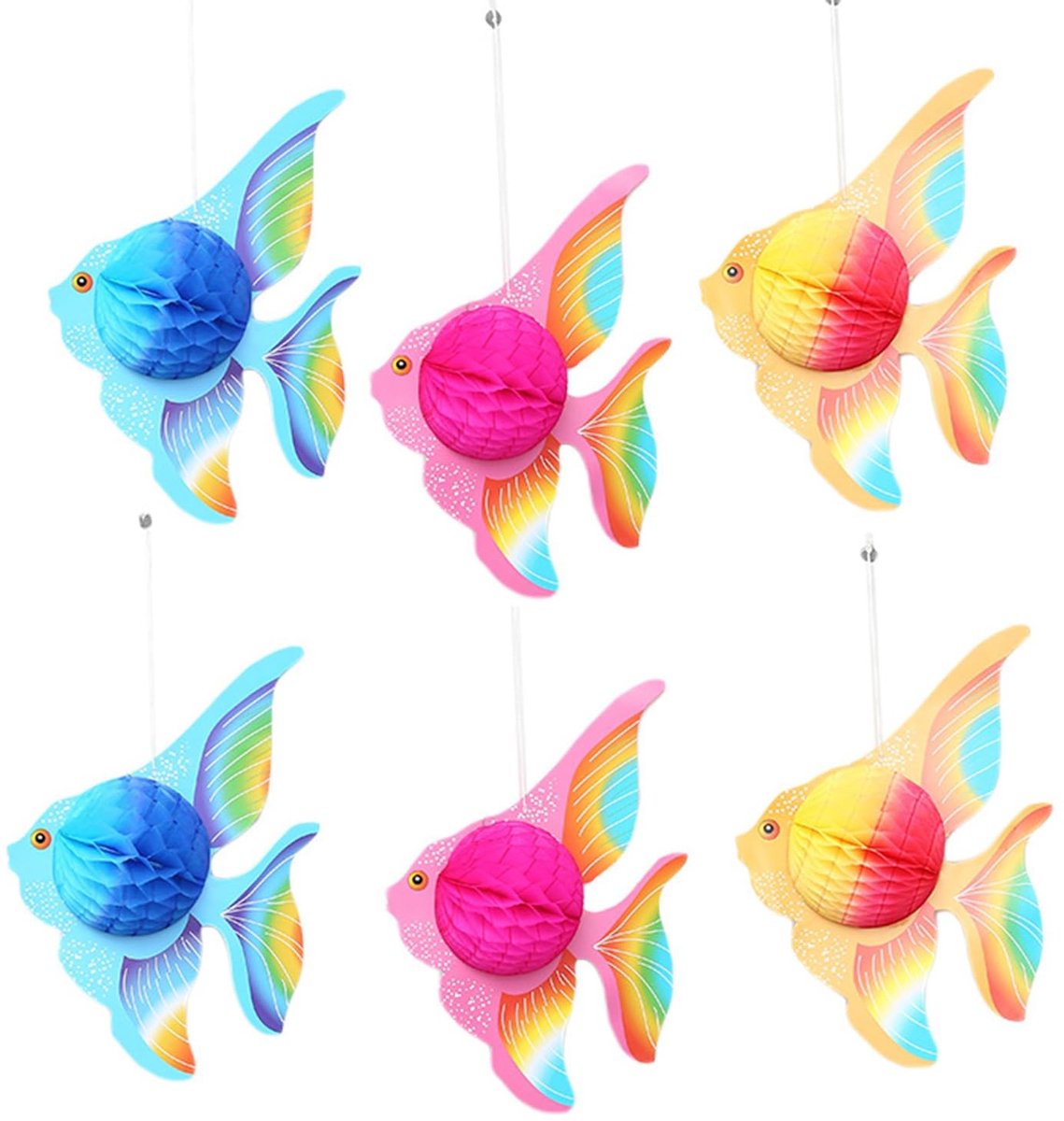 Dailygoods- Decoratieve Vis - 6 Stuks - Papieren Zeedieren - Hangdecoratie - Robuust - 25 x 18,3 cm - Kleurrijk - Papieren Decoratie