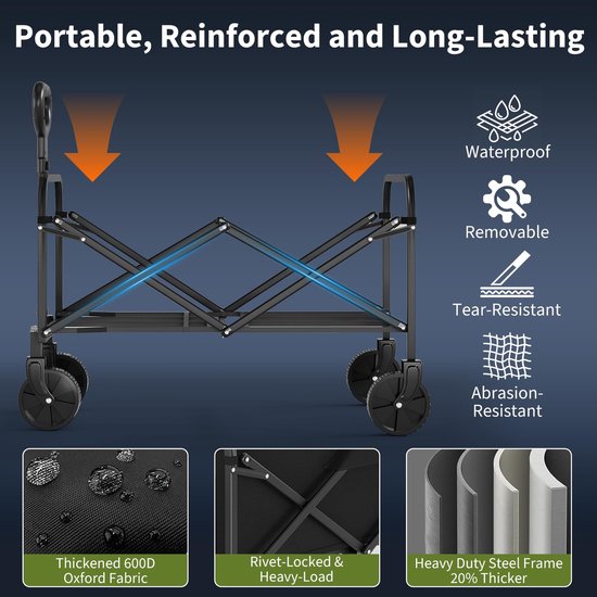 HOERFURIY Bolderkar Opvouwbaar - 220L/172 kg Draagvermogen - 600D Oxford Stof + Stalen Frame - 5 inch 360º Wielen - Inklapbare Bolderwagen met Verstelbare Hendel - 73 x 46,5 x 89,5 cm–Trekwagen Voor Camping, Strand - Zwart — afbeelding 3