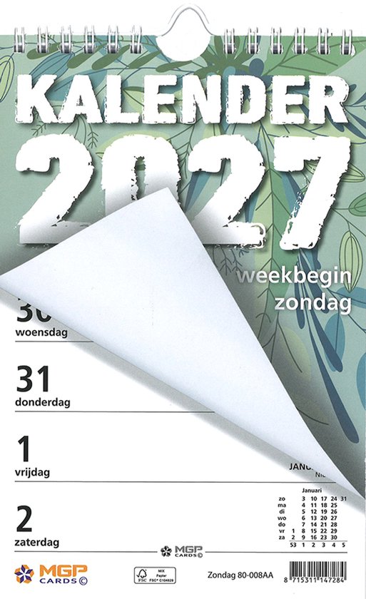 Kalender 2027 met groene bladeren en 'weekbegin zondag' opdruk.