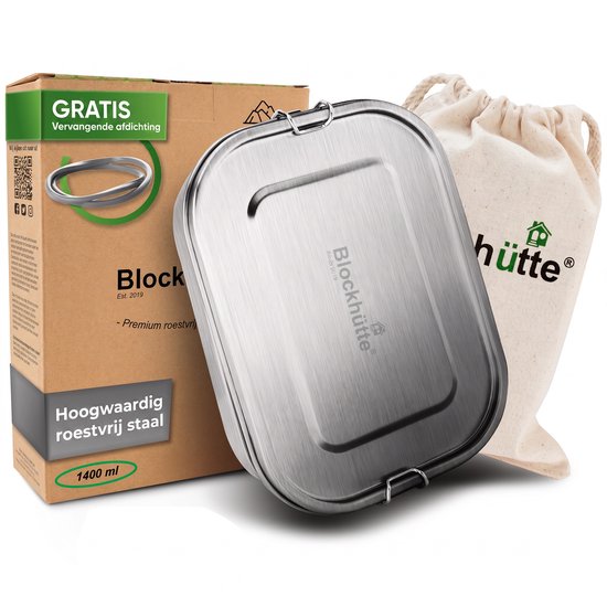 Une boîte à lunch Blockhütte argentée en acier inoxydable de 1400 ml, avec sa boîte d'emballage et son sac de transport en tissu.