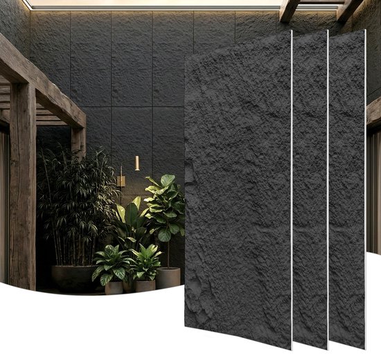 Panneaux muraux PU – Noir profond – Lot de 3 – Décoration murale aspect pierre 3D – Plaques de parement fines pour intérieur – 120 x 60 x 3 cm