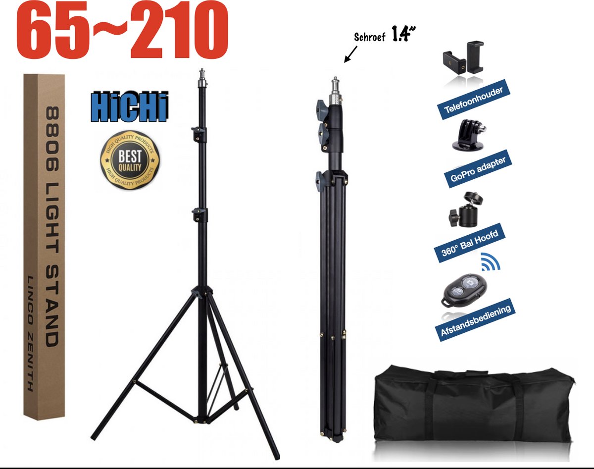 Professioneel Universeel Camerastatief Tripod 2M hoog met Opbergtas voor Smartphone en Actioncam, GoPro, Fotocamera, Studio Lamp en Spiegelreflexcamera Inc. Bluetooth Afstandsbediening, Telefoonhouder, 360 ° Mini Bal en GoPro Adapter --- FAIRCO†
