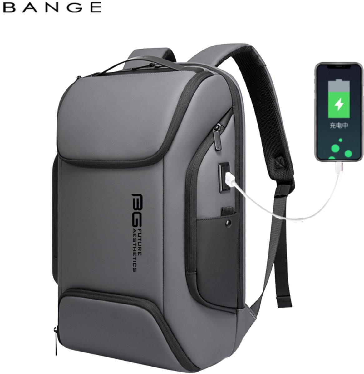 CarryQuest® - BANGE Laptop Rugzak 15.6 inch - Zakelijke Business Backpack met USB Oplaadpoort - Waterafstotende Rugtas met Laptopvak, Anti-Diefstal Vak & Organizer - Grijs