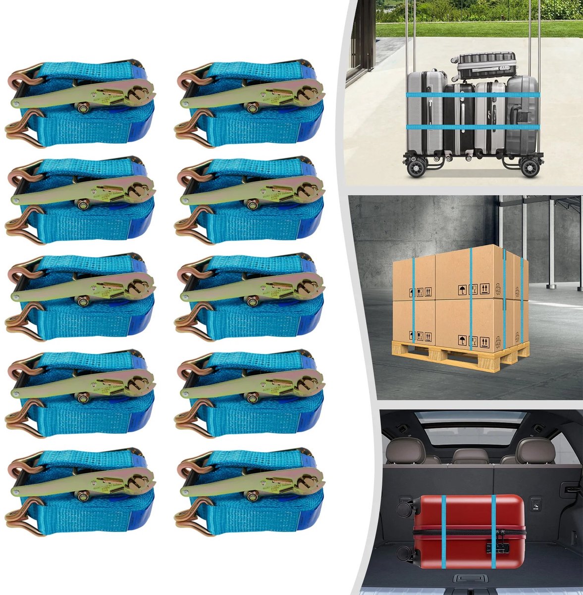 Dailygoods 6/8/10 m spanbanden, 5000 kg spanbanden met haken, ratelriemen voor professionele vrachtfixatie