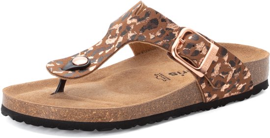 Bruine teenslipper met leopardprint en verstelbare gesp. Kurken zool.