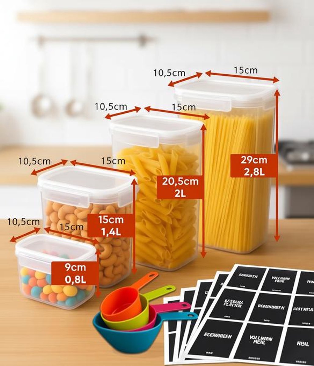 ElleMooi Plastic Voorraadbussen Set van 24 - Herbruikbare Voedselpotten met Luchtdicht Deksel - BPA-vrij - Magnetron, Vaatwasser & Vriezer Bestendig - 2,8L, 2L, 1,4L, 0,8L