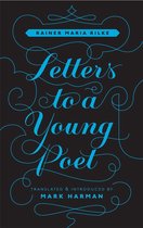 Boek kaft met de titel "Letters to a Young Poet" in blauwe sierlijke letters op een zwarte achtergrond.