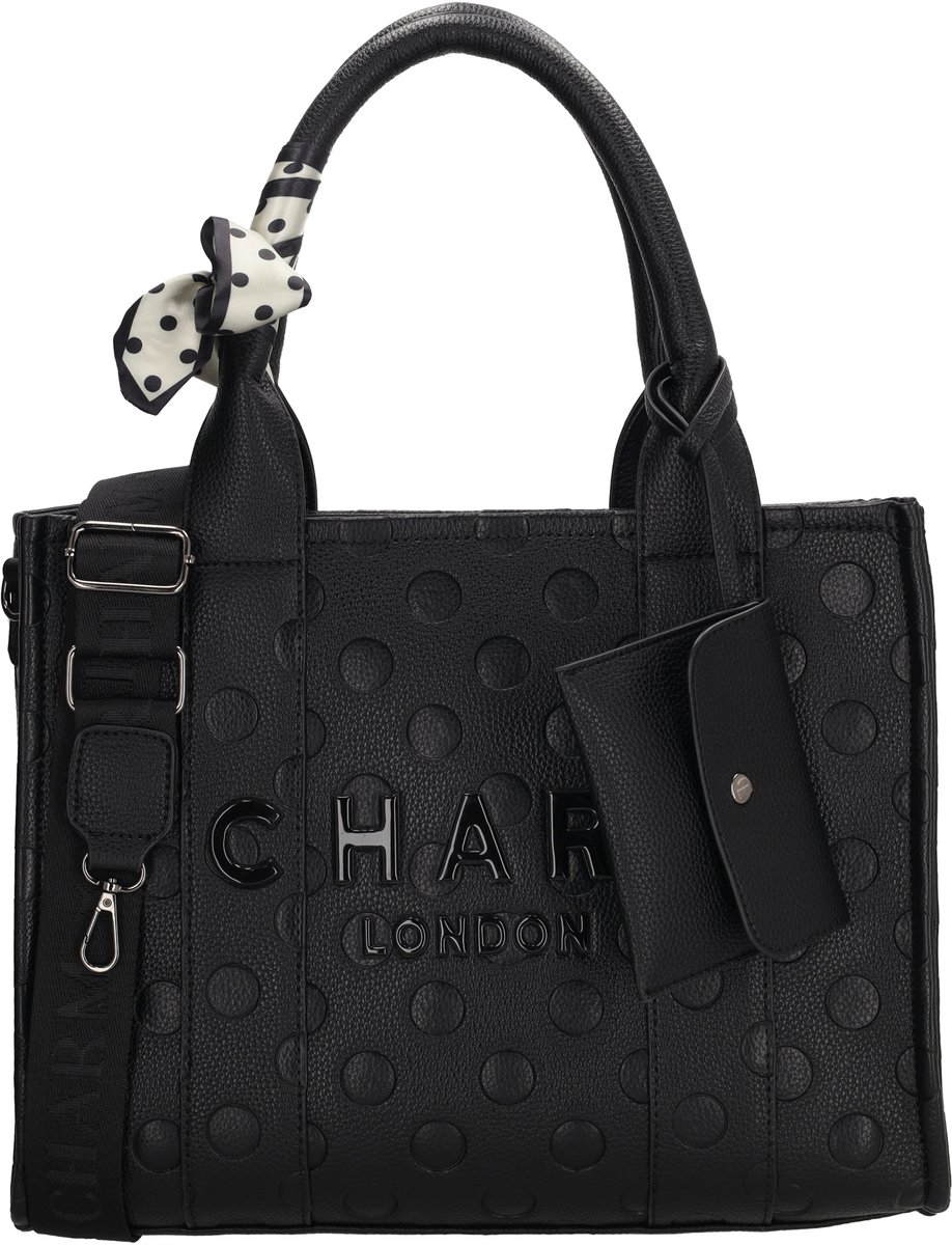 Charm London Bond Avenue Shopper - Shopper Tas - Gestanst Stippenpatroon - Schoudertas - Verstelbare Schouderband - Dames Tas - Tote Bag - Dames Tas - Zwart Stippen