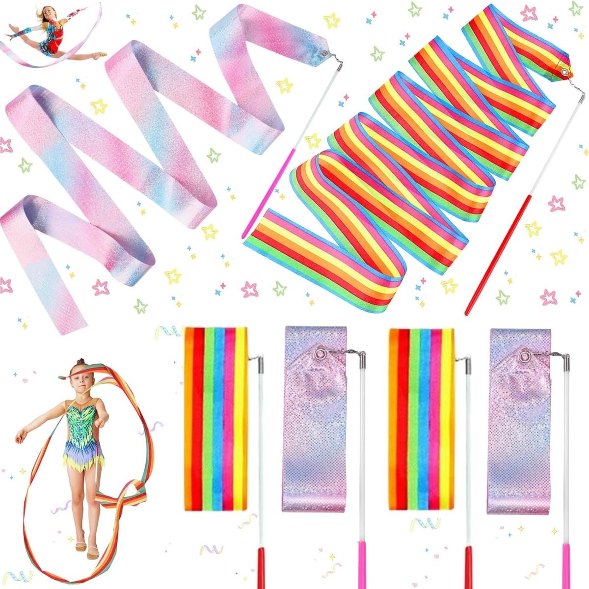 Set van 6 Gymnastiek Ribbons voor Kinderen, Dans Ribbons, Sparkling Dansaccessoires, 2m Lange Gymnastiekbanden, Creatieve Beweging en Dans voor Kinderen