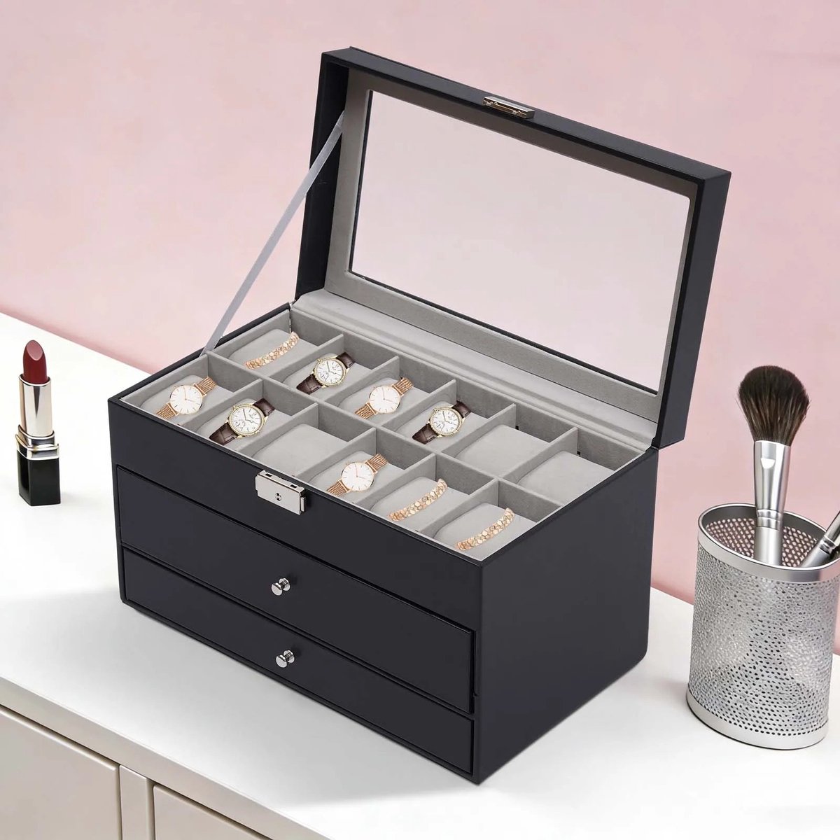 Dailygoods 3-laags opbergdoos voor horloges, sieraden en brillen met slot, PU lederen displaykoffer met 12 horlogevakken
