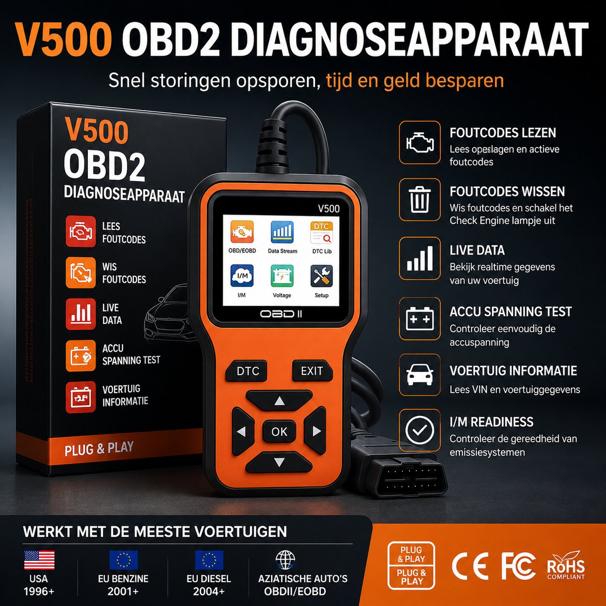 OBD2 Diagnoseapparaat V500 – Auto Uitleesapparaat – Foutcodelezer – OBDII Scanner – Live Data – Accuspanning Test – Benzine & Diesel