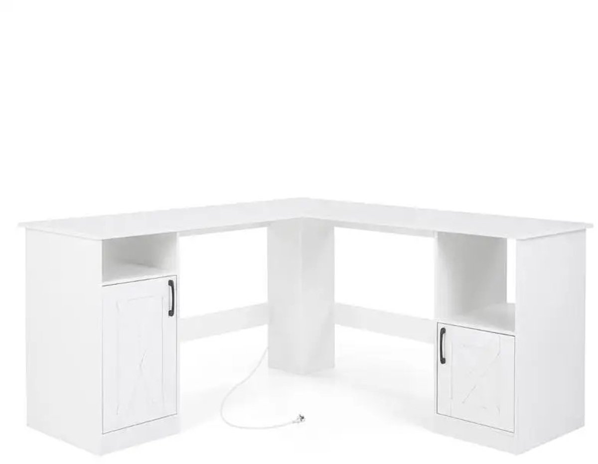 Dailygoods L-vormig hoekbureau, computerbureau met geïntegreerd oplaadstation, 2 stopcontacten, planken, opbergkasten, w