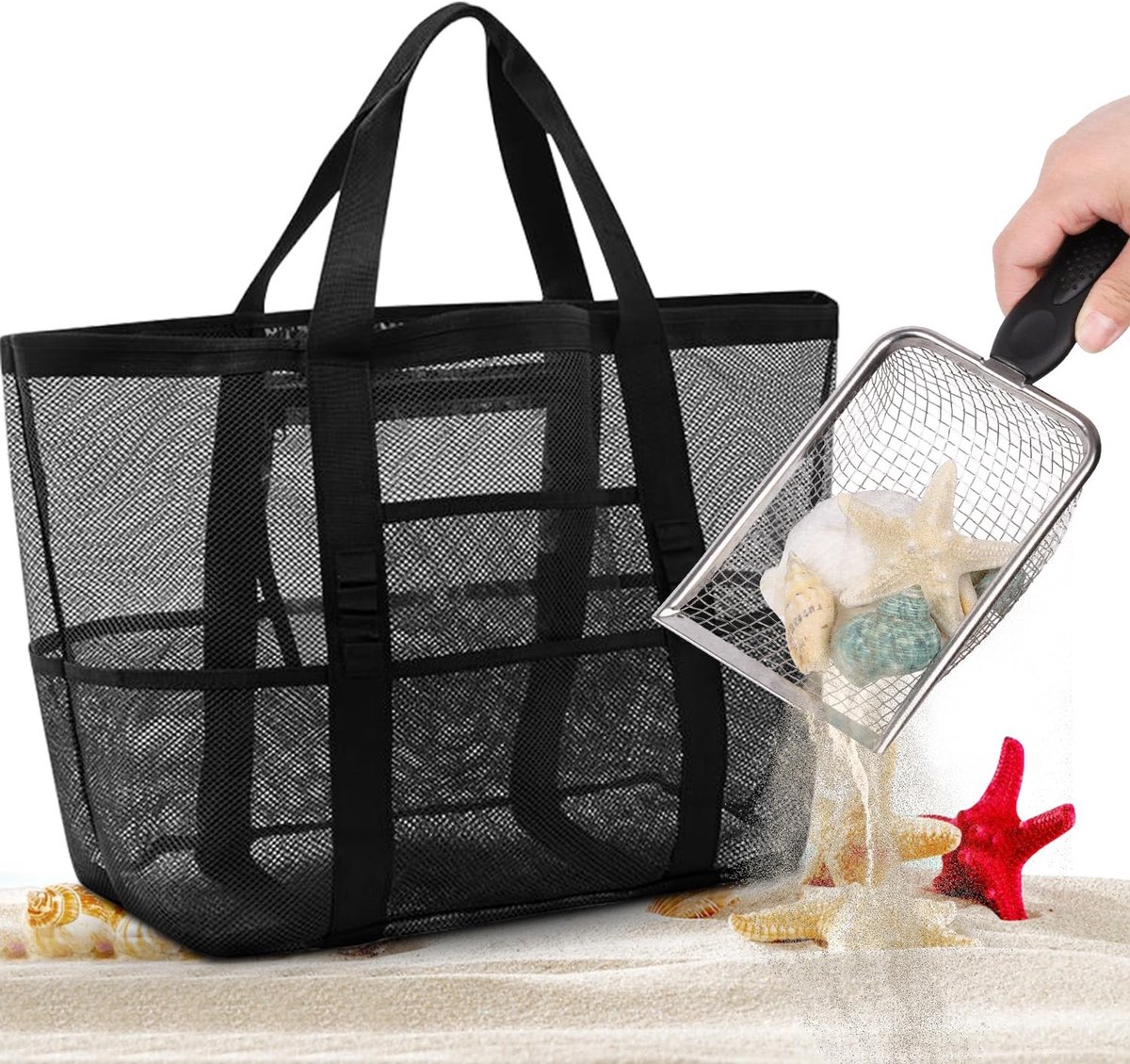 Dailygoods- Strandtas XXL - Strandtas met rits - Opvouwbare strandtas - Rieten strandtas - Strandtas met ritssluiting - Inclusief roestvrij stalen schep - Strandtas Set