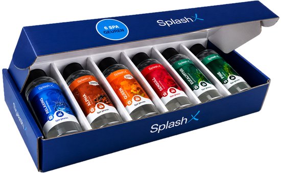 Spa geurset met 6 flacons: Relaxing, Alpha, Queen, Sensual, Eucalyptus, Pine, open verpakking.