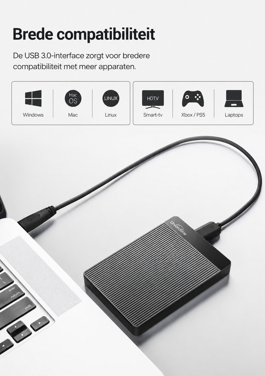 UnionSine Externe Harde Schijf 500GB USB 3.0 – Draagbare Portable HDD voor PC, Laptop, Mac & Console – Zwart