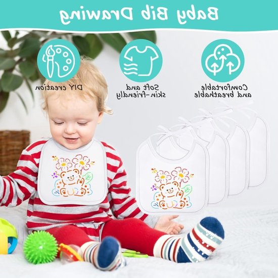 Baby Slabbetjes - Om te Beschilderen - Waterdicht - Inclusief 14 Textielstiften en 8 Tekensjablonen - 14 Stuks - 20 x 24 cm — afbeelding 2