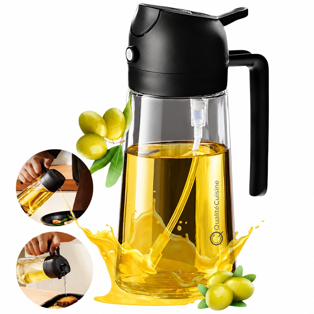 QualitéCuisine® Olijfolie Sprayer 470ML - Vernieuwde Versie - Olie Sprayfles voor Airfryer, BBQ & Salade - Olieverstuiver Glas - Incl. Bakkwast en Schoomaakborstel