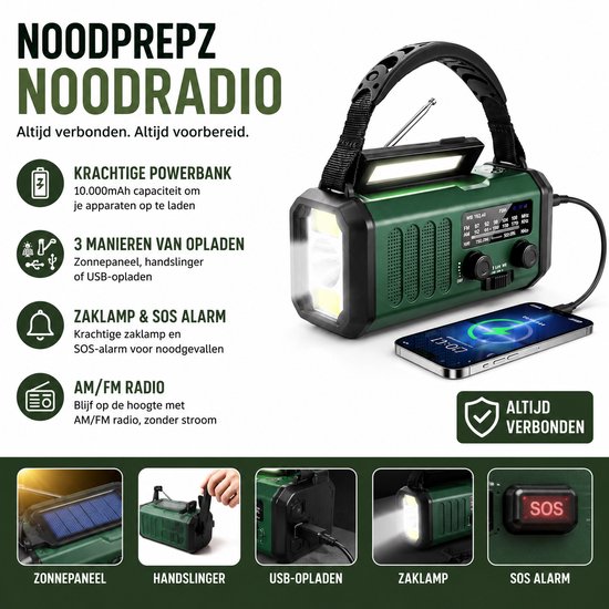 Groene noodradio met zaklamp, zonnepaneel en slinger. 10.000 mAh powerbank met AM/FM-radio.
