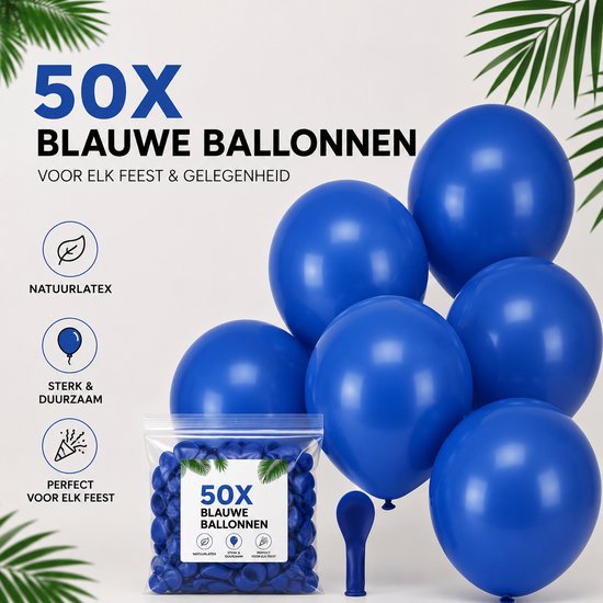 Een bundel van 50 blauwe ballonnen, met tekst '50X BLAUWE BALLONNEN VOOR ELK FEEST & GELEGENHEID'.