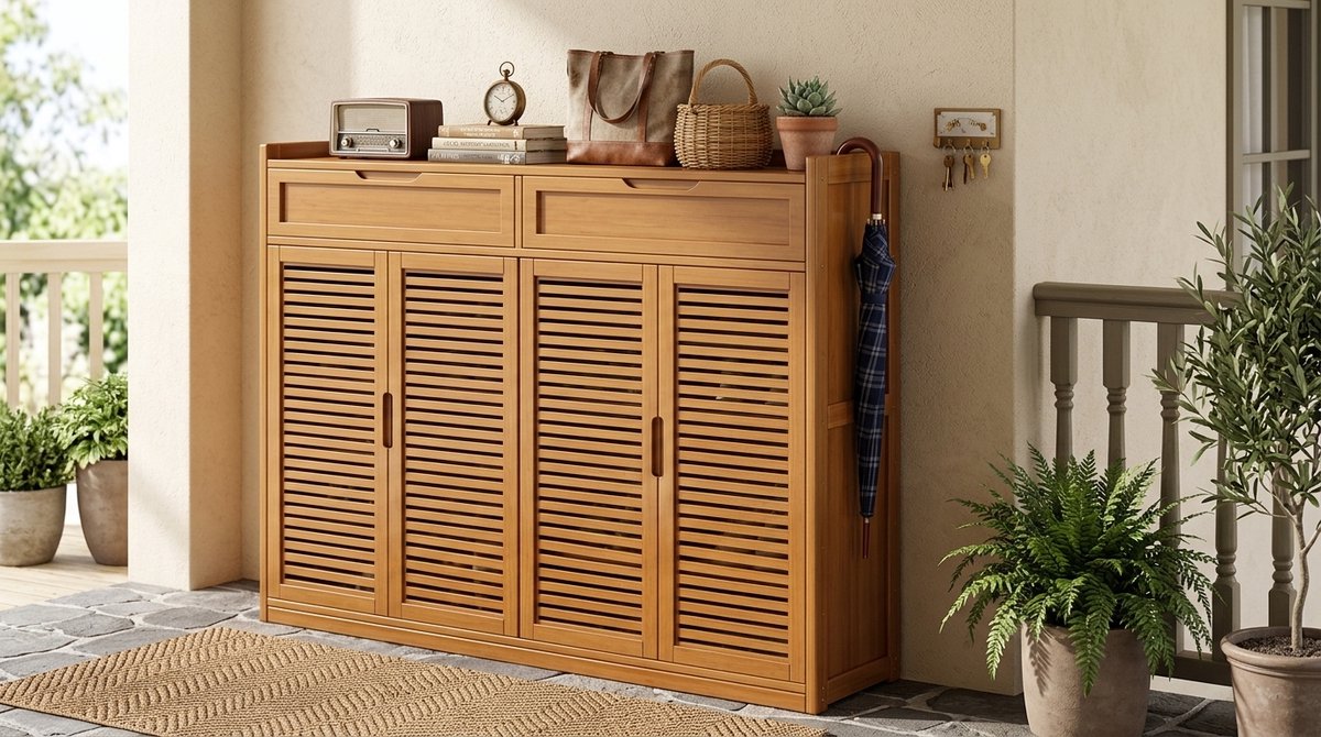 Schoenenkast Bamboe met Deuren – Hoge Smalle Schoenenrek Kast voor 55 Paar Schoenen – 8 Niveaus Schoenenopberger voor Hal, Entree en Woonkamer – 118 x 32 x 127 cm – House&Garden Bamboo Elite