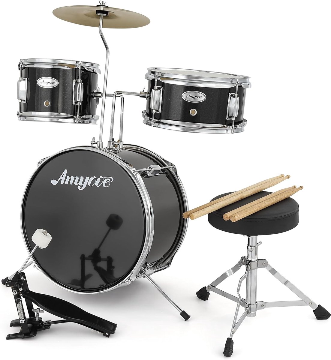 3-delig drumstel voor beginners, complete set op ware grootte met basdrum, toms, snaredrum, statieven, cimbalen en drumstokken