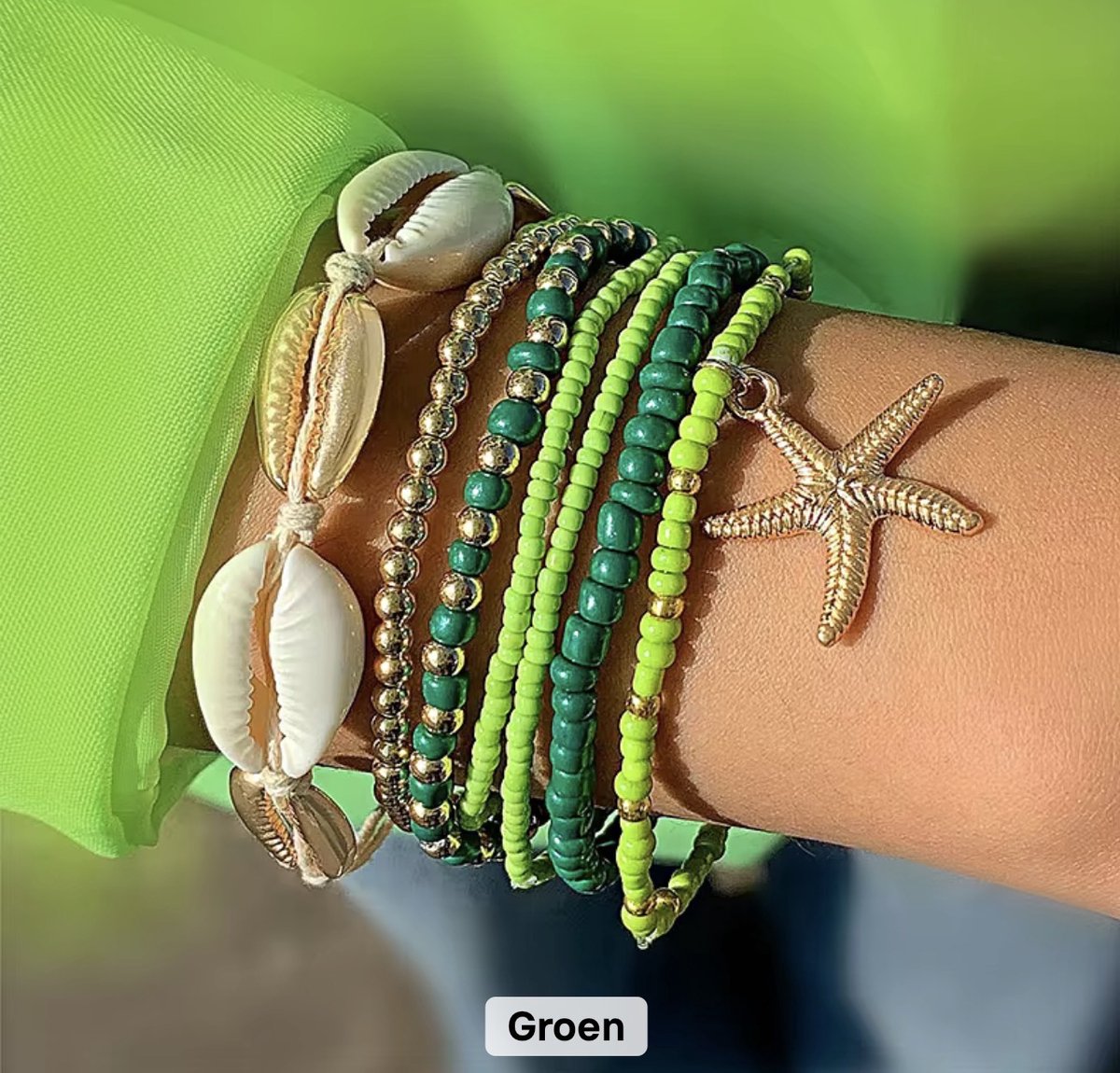 12Getit Enkelbandje - Armbandje met groene kralen schelpen en zeester