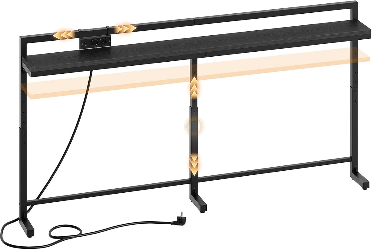 HOMESY 180 cm Console Tafel met Verstelbare Hoogte (70-90 Cm), Lange Smalle Haltafel met Verschuifbare Stekkerdoos (2AC, 1USB-A, 1USB-C), Lange Haltafel voor Woonkamer, Slaapkamer, Zwart
