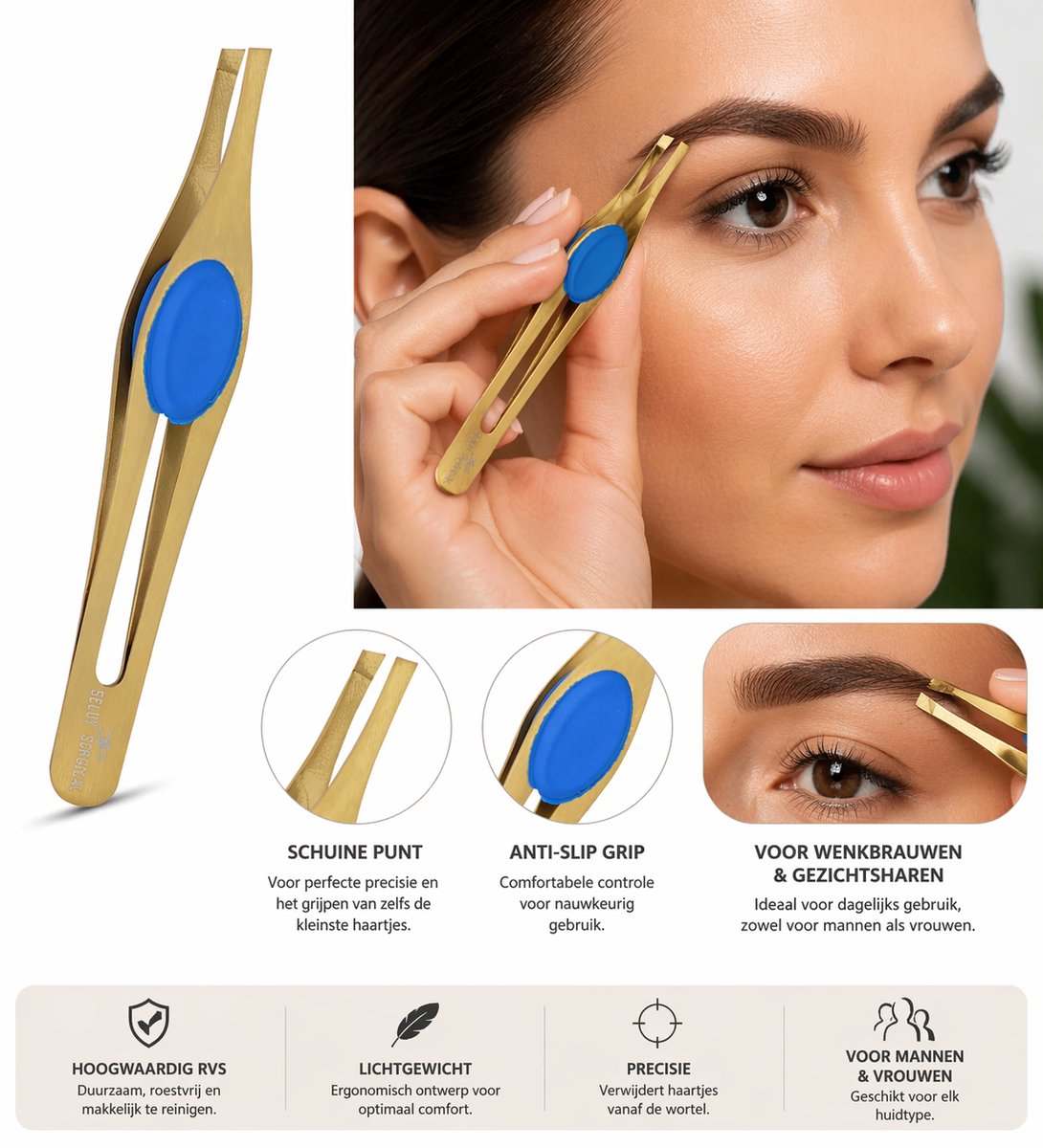 Belux Surgical Instruments / Professionele Epileerpincet - Slanted Tweezer voor Wenkbrauwen - Geschikt voor Mannen en Vrouwen - 1+1 Gratis - 9.5 cm